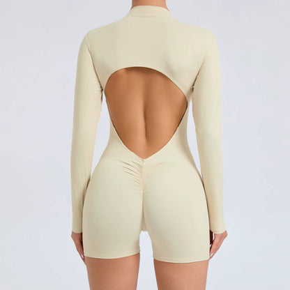Summer Half-Zipper Women Gym Jumpsuit Female Outdoors Breathable V Back Activewear Buttock Lift Sport Outfit for Woman