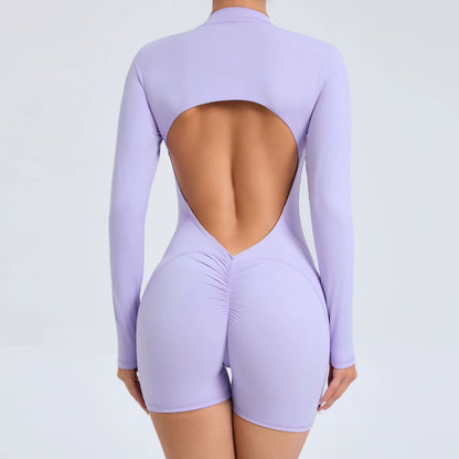 Summer Half-Zipper Women Gym Jumpsuit Female Outdoors Breathable V Back Activewear Buttock Lift Sport Outfit for Woman