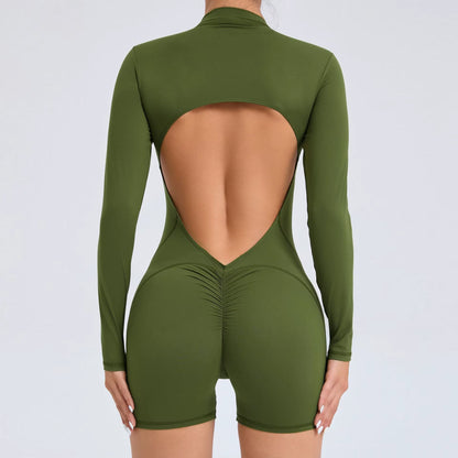 Summer Half-Zipper Women Gym Jumpsuit Female Outdoors Breathable V Back Activewear Buttock Lift Sport Outfit for Woman