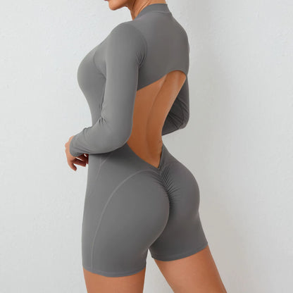 Summer Half-Zipper Women Gym Jumpsuit Female Outdoors Breathable V Back Activewear Buttock Lift Sport Outfit for Woman