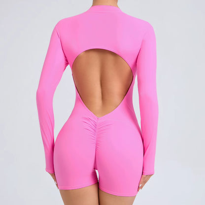 Summer Half-Zipper Women Gym Jumpsuit Female Outdoors Breathable V Back Activewear Buttock Lift Sport Outfit for Woman